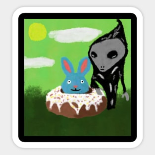 alien wants rabbit donut Sticker